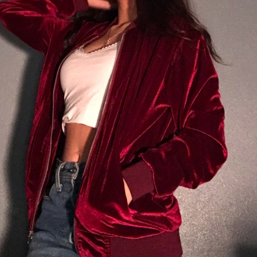 FOREVER 21 Velvet Bomber Jacket Burgundy Red